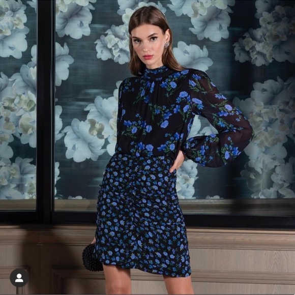 New Shoshanna Kiana Floral Dress Ruched Skirt Mock Neck Long Sleeve Mini 12 Blue - Picture 1 of 16